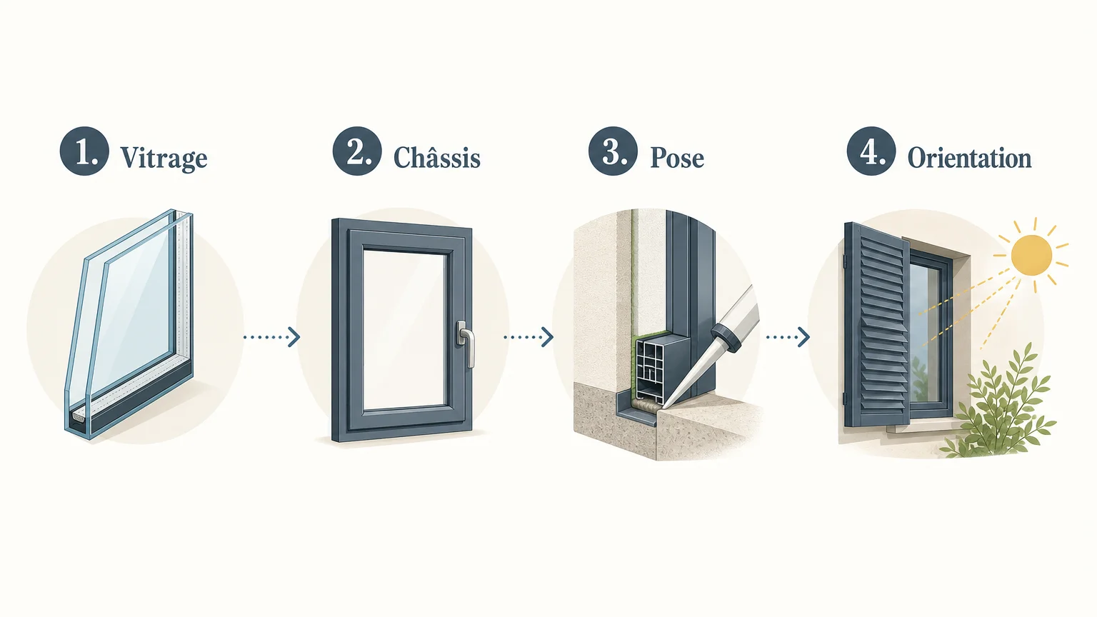 Infographie en français présentant quatre critères pour choisir une fenêtre isolante : vitrage, châssis, pose et orientation.