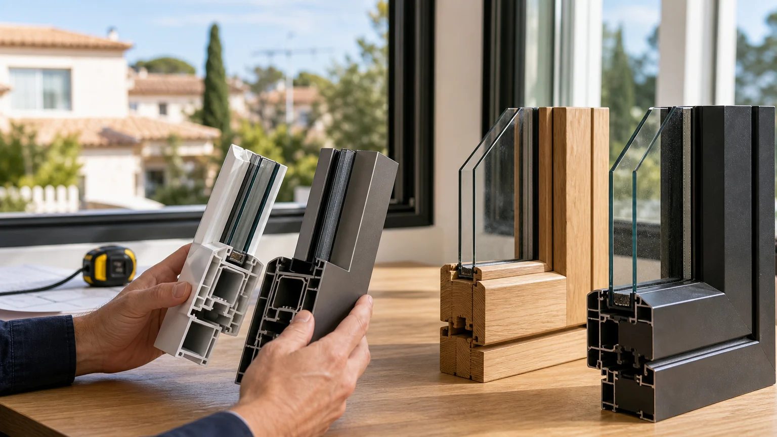 Échantillons de PVC, aluminium, bois et acier pour choisir des fenêtres