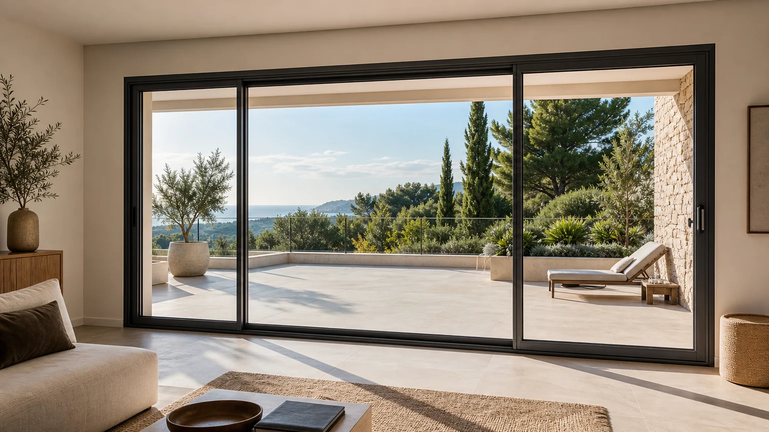 Grande baie vitrée en aluminium aux profils fins dans une villa contemporaine