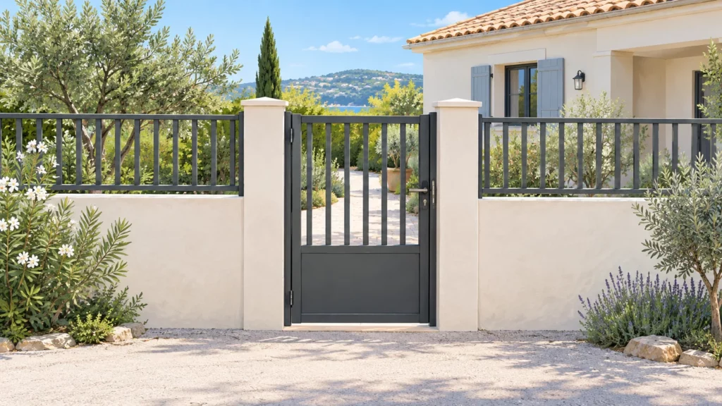 Portillon en métal au bord d’une allée de jardin méditerranéenne devant une maison aux tons clairs.