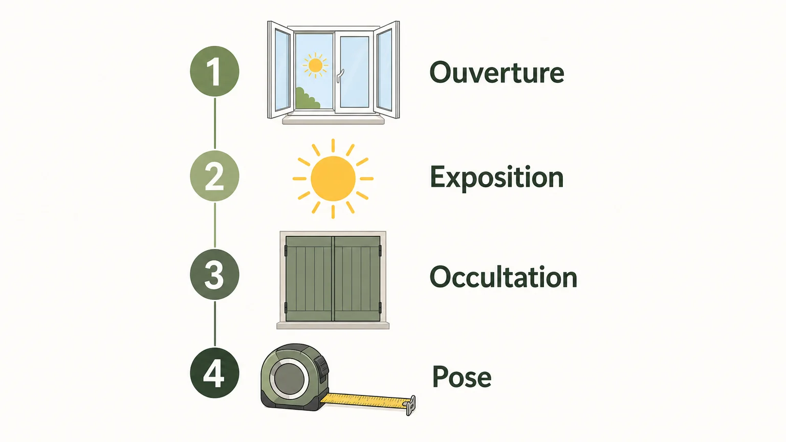 Infographie des critères à vérifier : ouverture, exposition, occultation et pose.