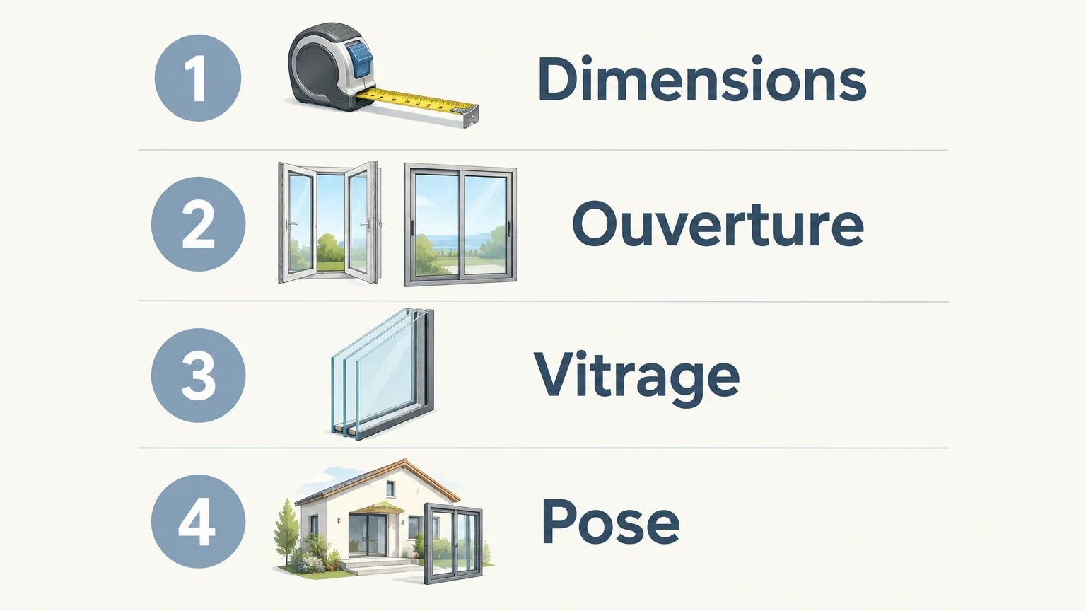 Infographie en quatre étapes pour choisir une menuiserie aluminium sur mesure : dimensions, ouverture, vitrage et pose.