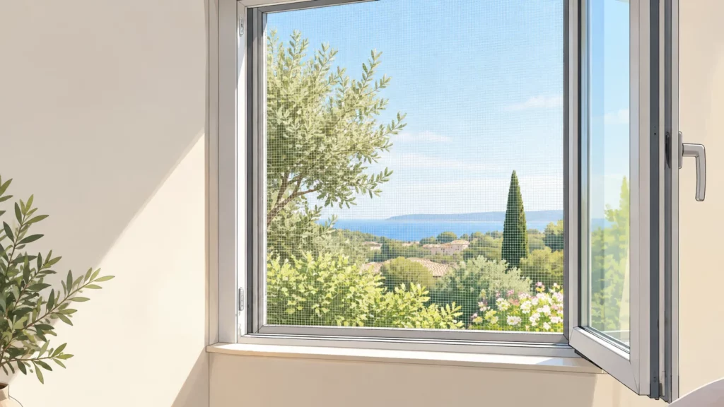 Fenêtre ouverte équipée d’une moustiquaire discrète, avec de la végétation visible à l’extérieur.