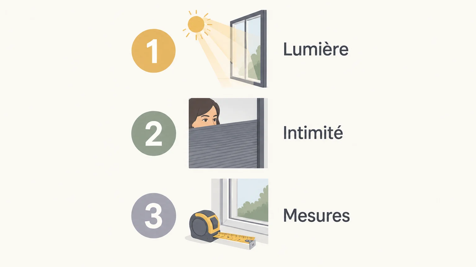 Infographie des critères lumière, intimité et mesures pour un store