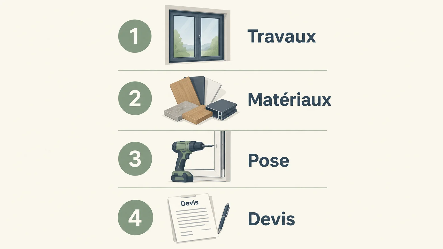 Infographie en quatre étapes pour comparer les travaux, les matériaux, la pose et le devis d’un projet de menuiserie.