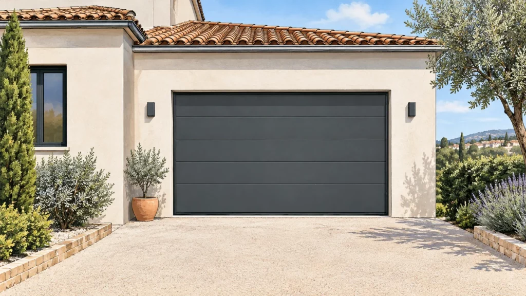 Porte de garage fermée sur la façade sobre d’une maison contemporaine