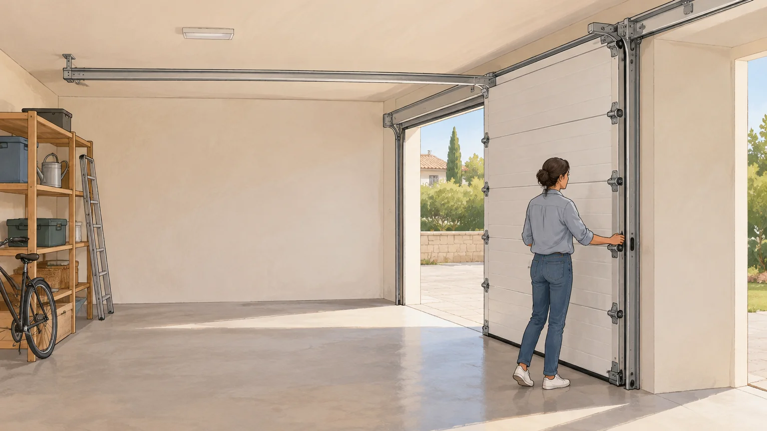 Porte sectionnelle latérale entrouverte dans un garage, avec son rail le long d’un mur dégagé