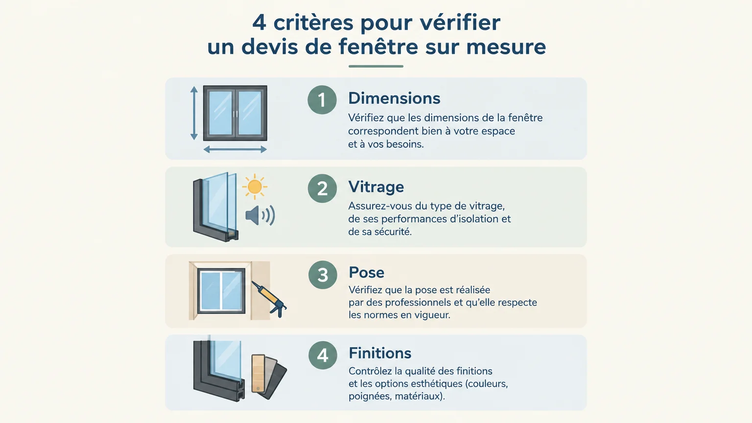 Infographie en français pour vérifier les dimensions, le vitrage, la pose et les finitions d’un devis de fenêtre