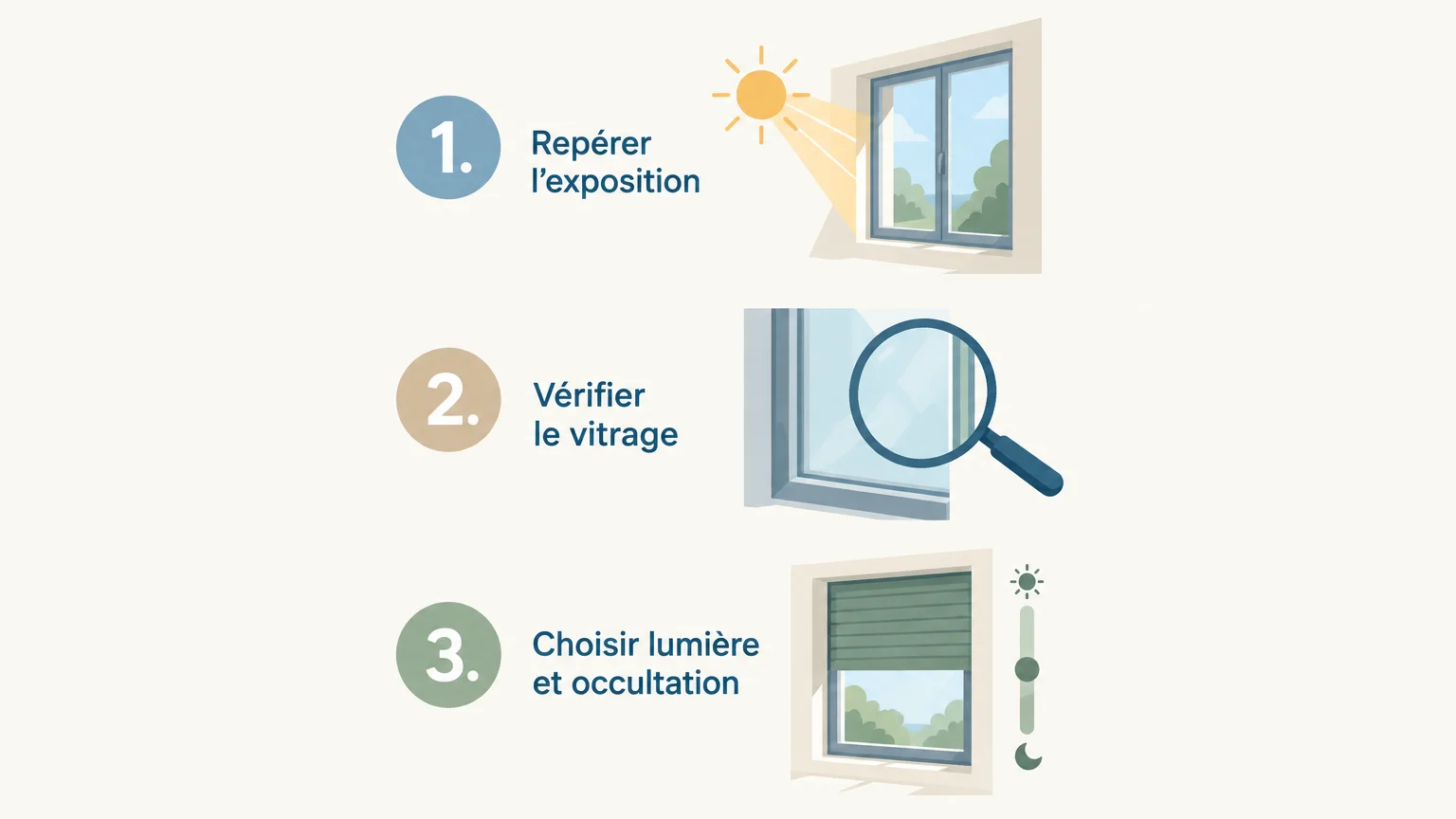 Infographie en trois étapes : repérer l’exposition, vérifier le vitrage et choisir le niveau de lumière ou d’occultation.