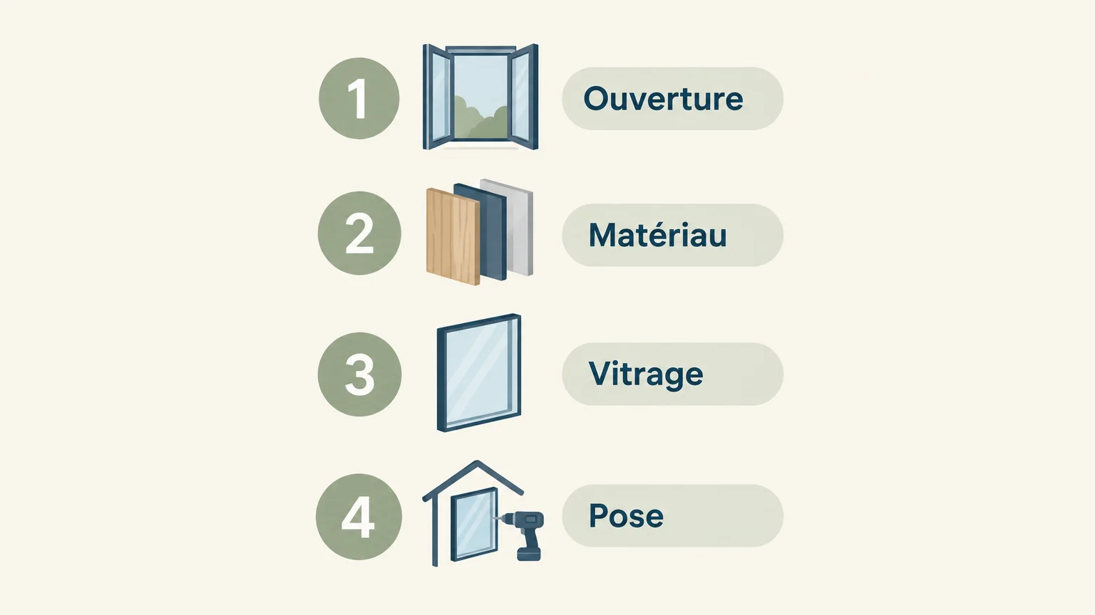 Checklist illustrée en français pour comparer l’ouverture, le matériau, le vitrage et la pose d’une baie vitrée.