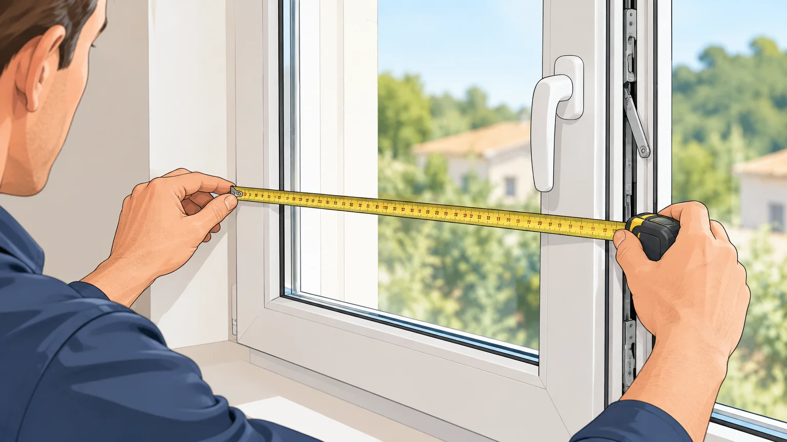 Mesure de l’ouvrant d’une fenêtre en PVC près de sa poignée.
