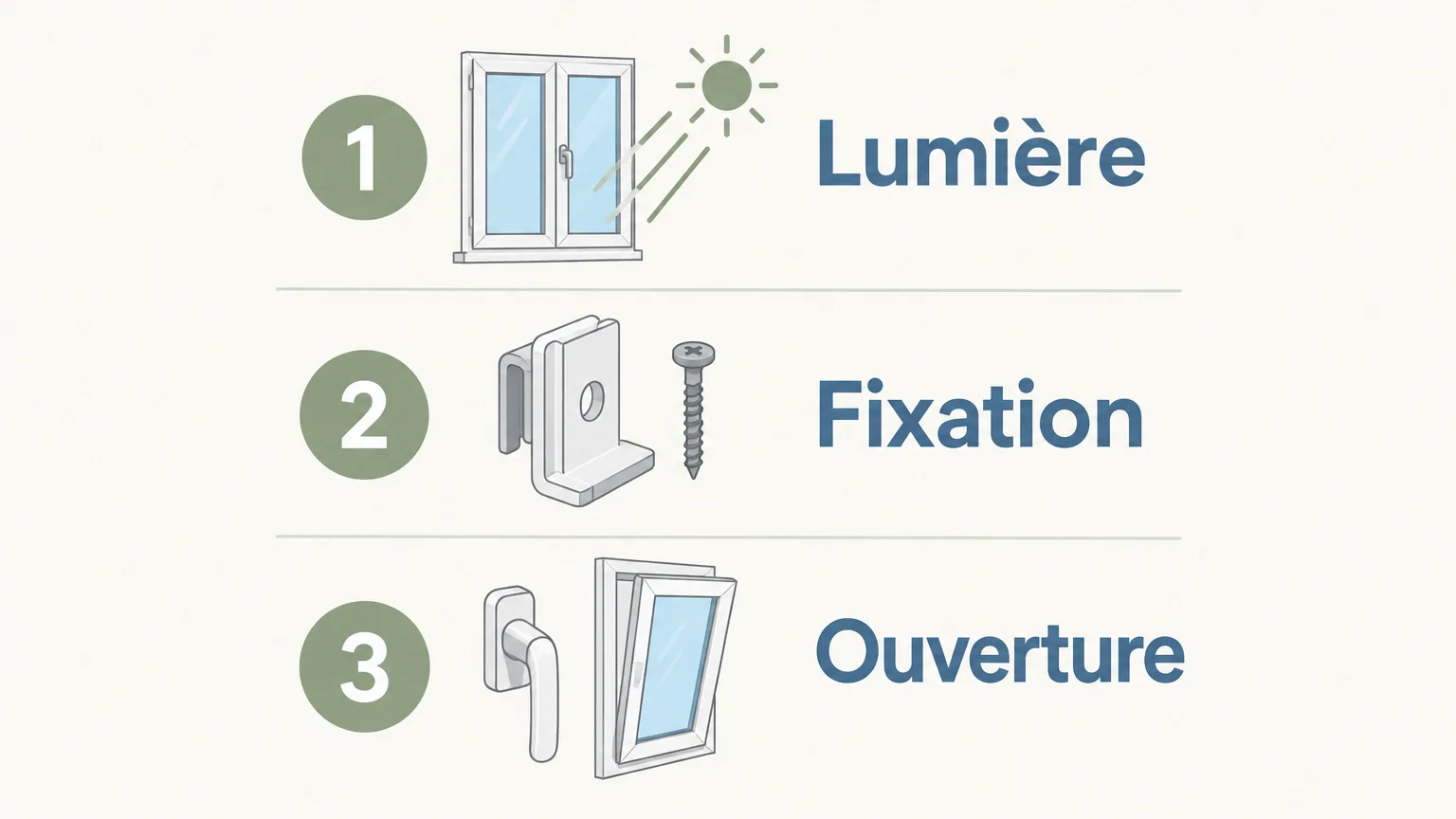 Checklist illustrée des critères lumière, fixation et ouverture pour un store.