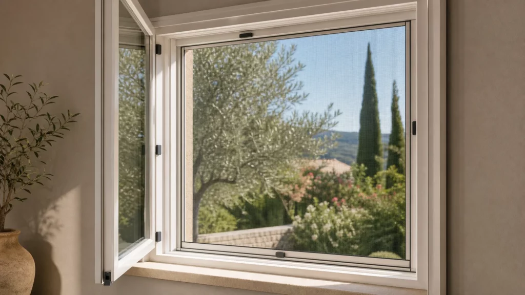 Fenêtre avec moustiquaire discrète ouverte sur un jardin