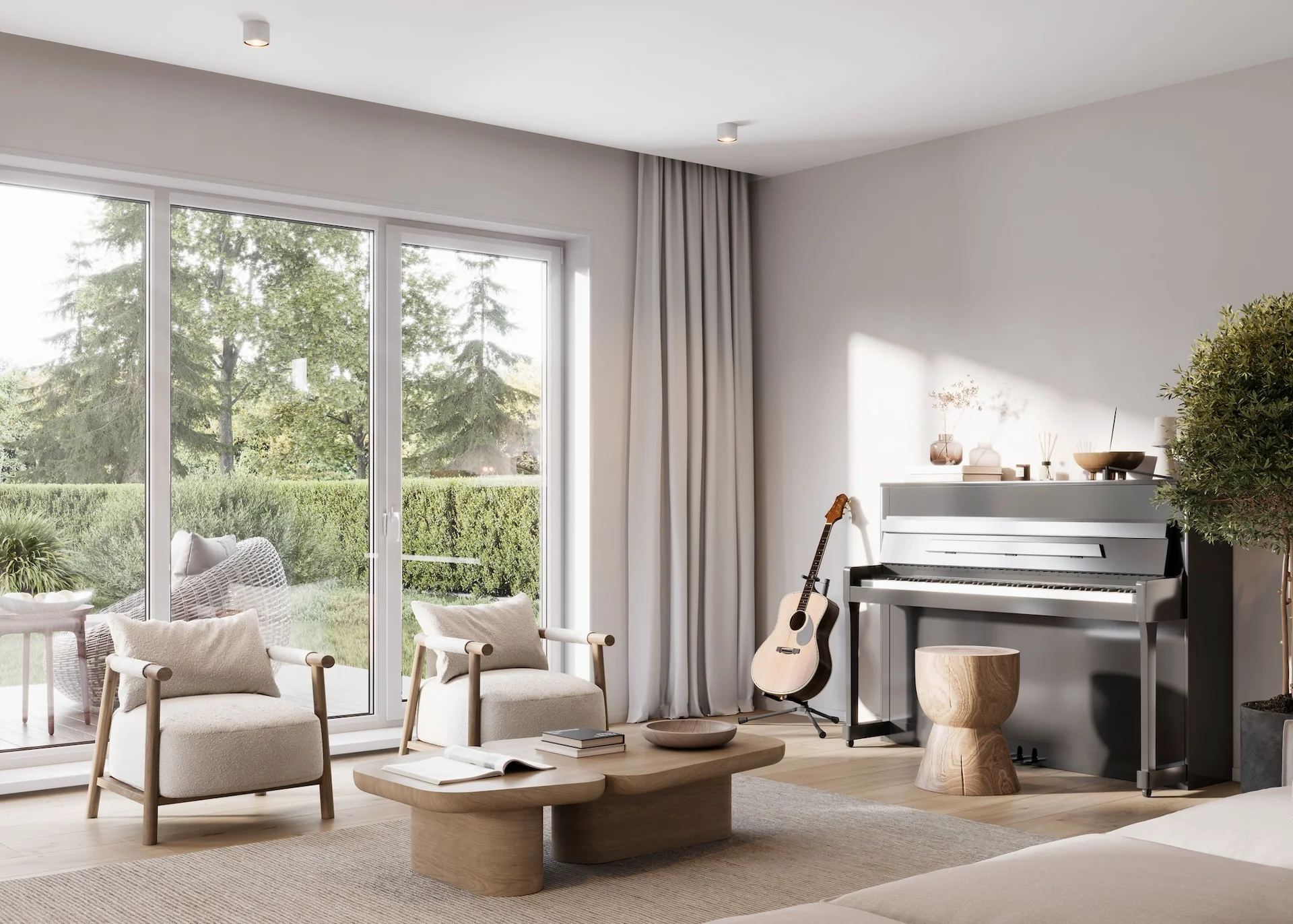 Salon clair avec fenêtres du sol au plafond, piano, guitare et plantes d’intérieur.